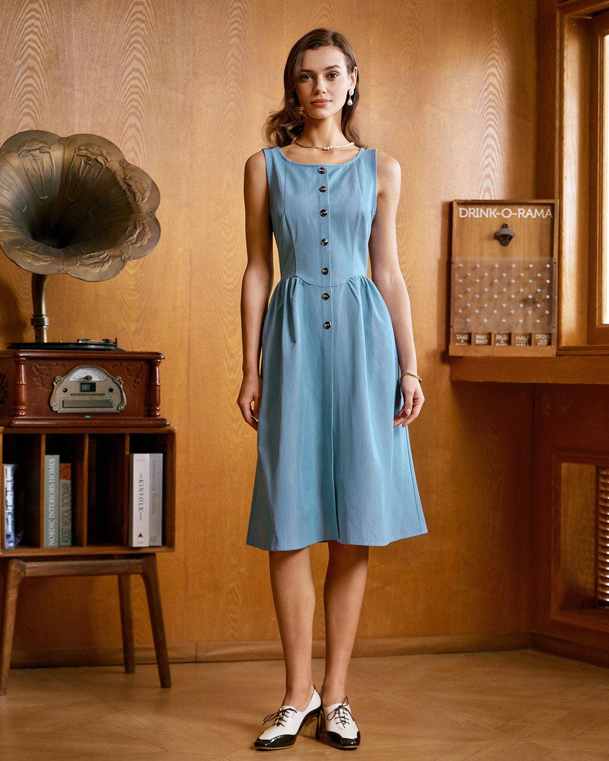Blue Boat Neck Button Sleeveless Midi Dress Product Image