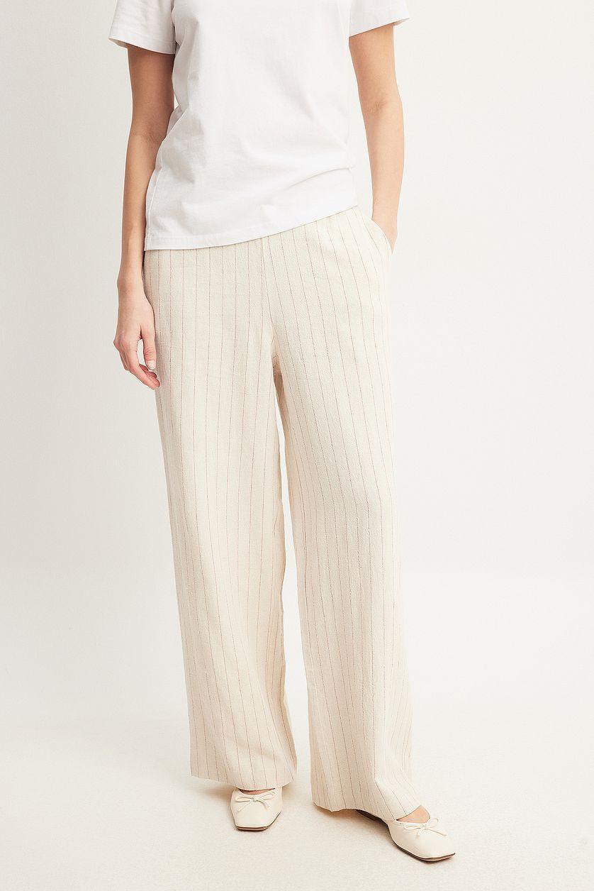 Elastic Mid Waist Linen Blend Pants Beige Product Image
