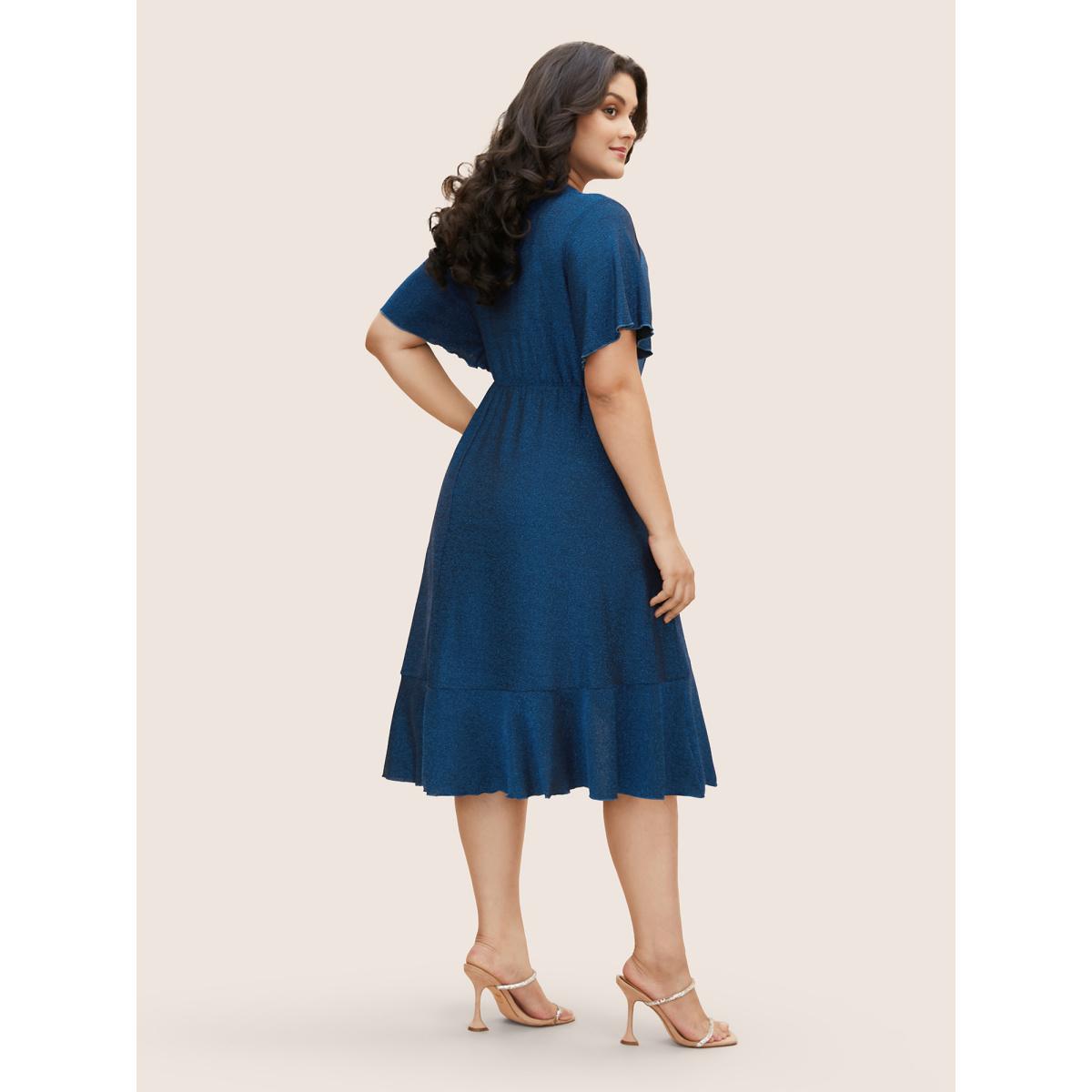 Plus Size Overlap Collar Luxe Tie Knot Ruffles Dress Mediumblue Women Cocktail Tie knot Overlap Collar Short sleeve Curvy BloomChic 22-24/3X Product Image