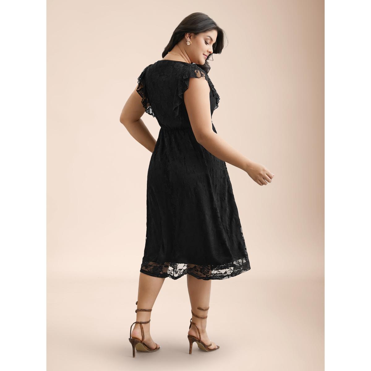 Plus Size Lace Ruffled Sleeve Waist-Cinched Midi Dress Black Women Elegant Texture Knit Dresses Bloomchic 26/4X Product Image