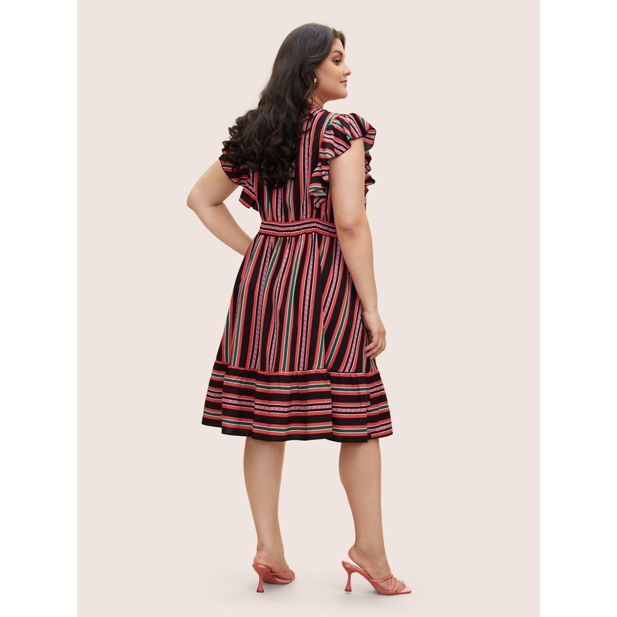Plus Size Contrast Striped Ruffle Cap Sleeve Dress Black Women Elegant Ruffles Notched collar Cap Sleeve Curvy BloomChic 22-24/3X Product Image