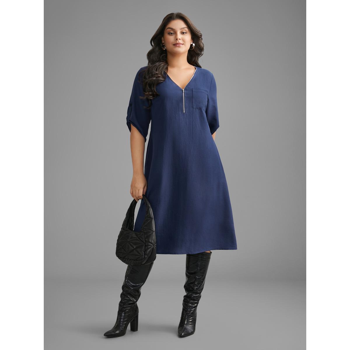 Plus Size Solid Half Zip Tab Sleeve Dress Navy Women At the Office Non V-neck Elbow-length sleeve Curvy BloomChic 12/L Product Image