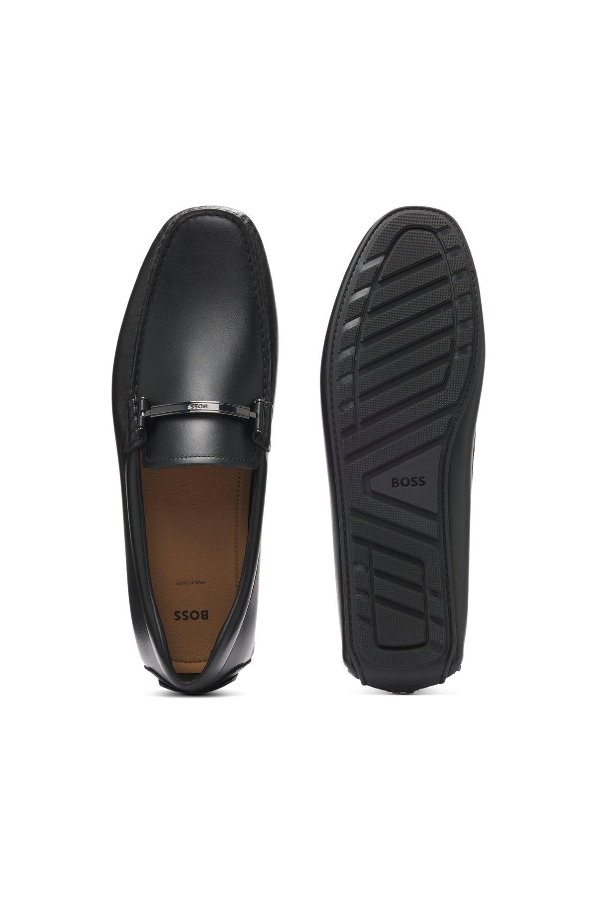 BOSS - Leather loafers with branded hardware - Black Product Image