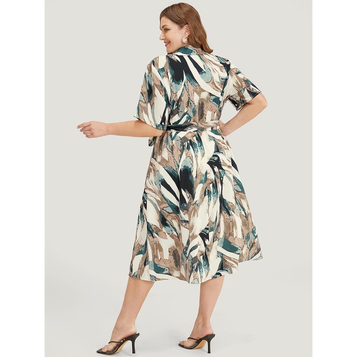Plus Size Allover Print Pocket Button Up Belted Shirt Collar Dress Multicolor Women Office Contrast Shirt collar Short sleeve Curvy Midi Dress BloomChic 28/5X Product Image