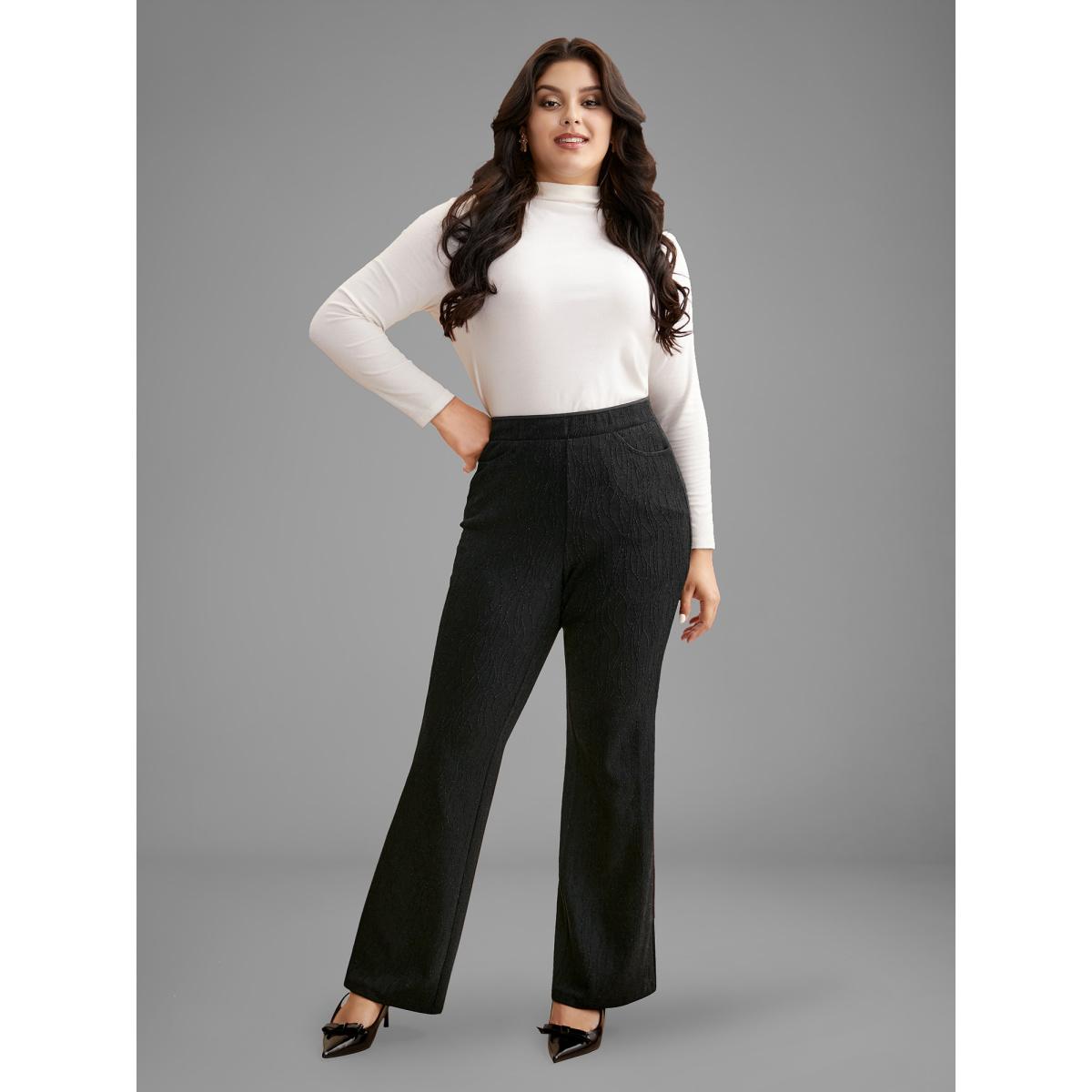 Plus Size Metallic Shimmer Stretchy Flare Pants Women Black Formal Medium stretch Bootcut Mid Rise Party Leggings BloomChic 10/M Product Image