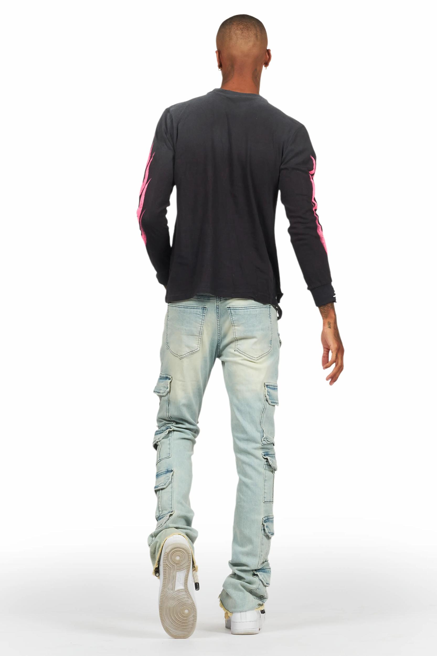 Valery Blue Stacked Flared Cargo Jean Male Product Image