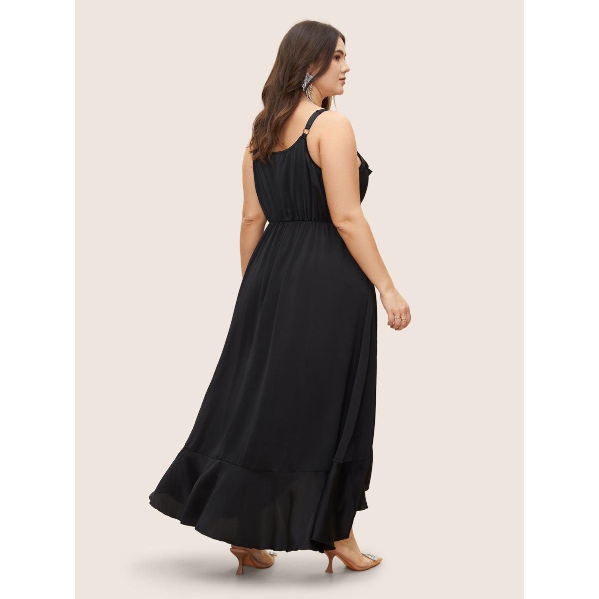 Plus Size Satin Overlap Collar Ruffles Cami Dress Black Women Formal Ruffles V-neck Sleeveless Curvy BloomChic 12/L Product Image