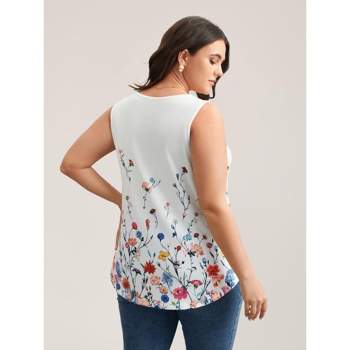 Plus Size Blooming Flowers Print Stretchy Vest Women WhiteSmoke Timeless Non V-neck Elegant Tank Tops Camis BloomChic 18-20/2X Product Image