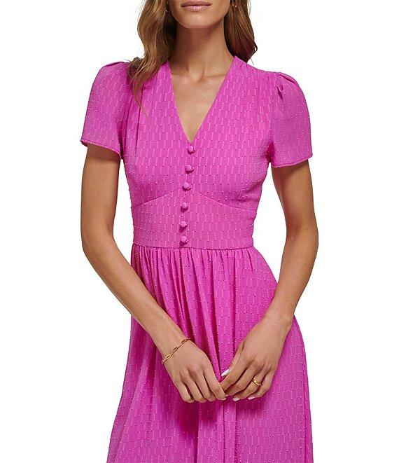 DKNY V-Neck Short Sleeve Covered Button Bodice Chiffon A-Line Midi Dress Product Image