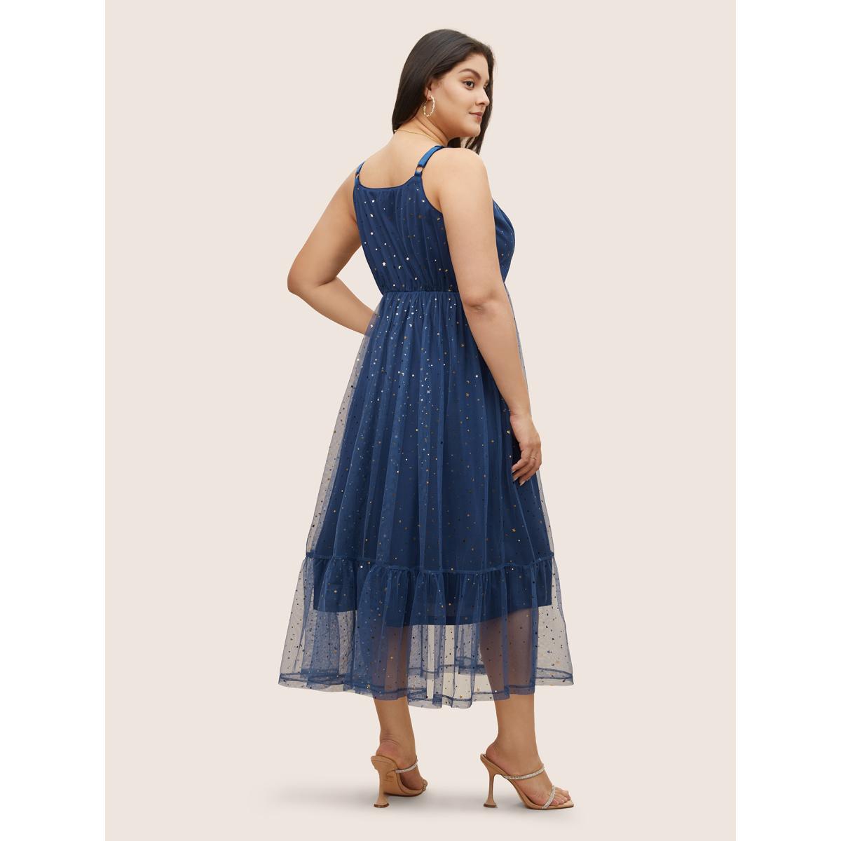 Plus Size Moon & Star Sequin Layered Hem Notched Cami Dress DarkBlue Women Cocktail Non Notched collar Sleeveless Curvy Midi Dress BloomChic 22-24/3X Product Image