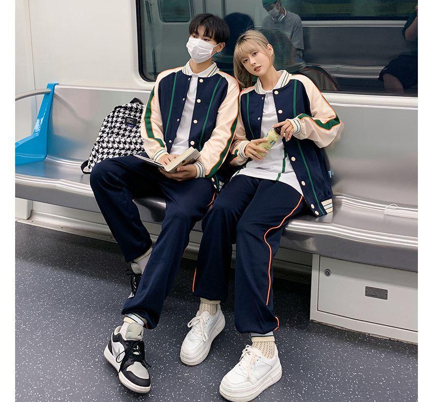 Couple Matching Crew Neck Striped Button Baseball Jacket / Harem Sweatpants / Short-Sleeve Striped Polo Shirt Product Image