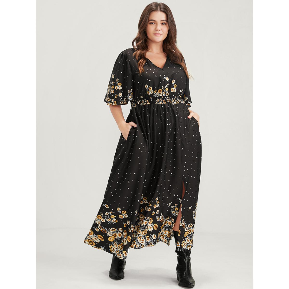Plus Size Floral Pocket Split Hem Flutter Shirred Maxi Dress Black Women Casual Printed V-neck Half Sleeve Curvy Midi Dress BloomChic 10/M Product Image