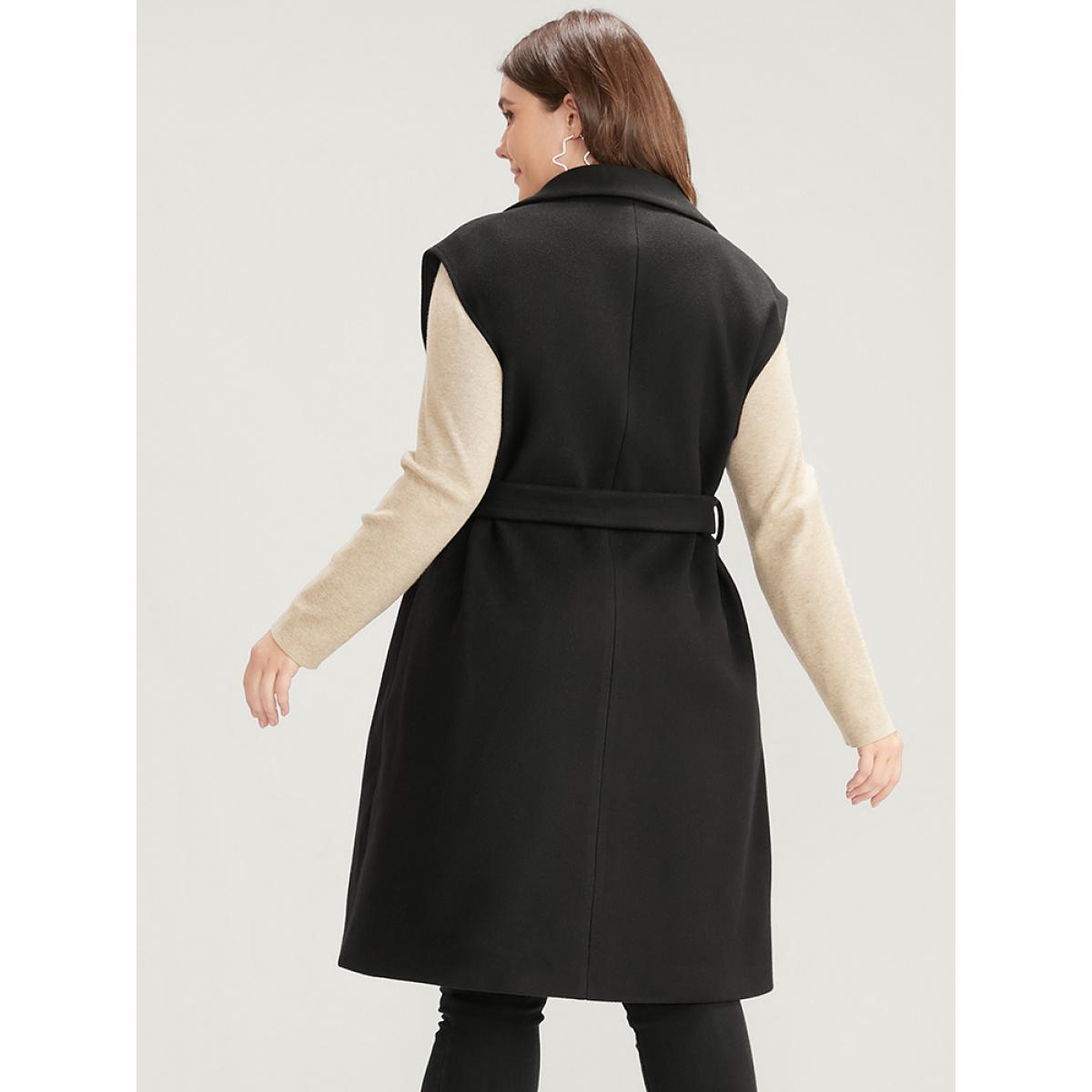 Plus Size Solid Suit Collar Pocket Belted Sleeveless Coat Women Black Office Cross straps Ladies Office Winter Coats BloomChic 26/4X Product Image