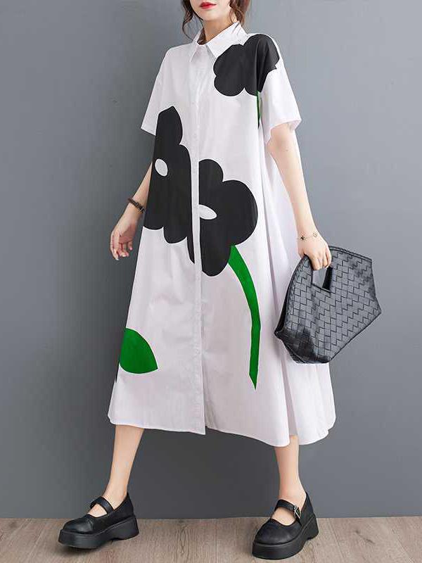 Loose Short Sleeves Buttoned Floral Printed Lapel Collar Midi Dresses Product Image
