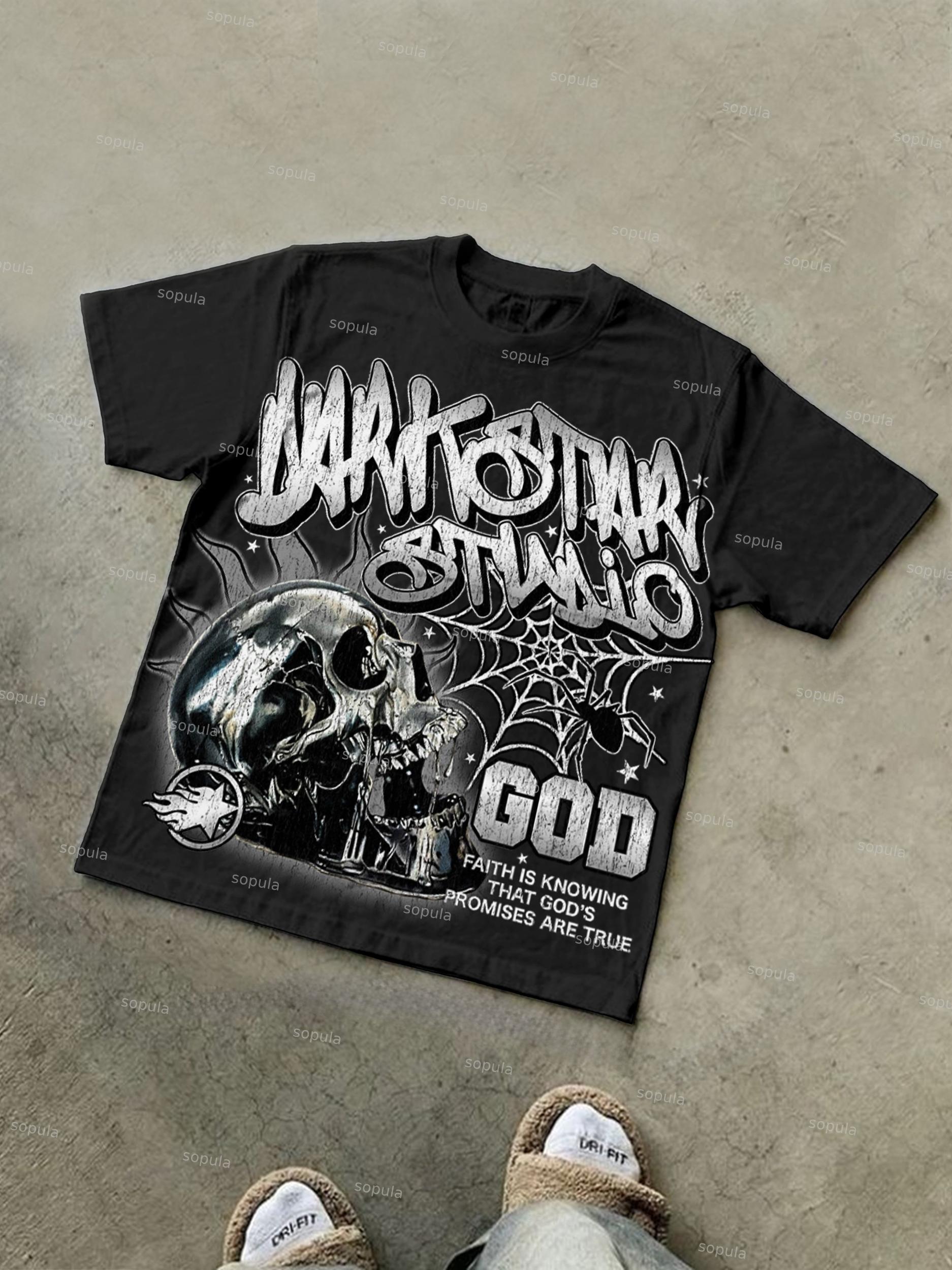 Darkstar-God's Skull Print Pattern Cotton T-Shirt Product Image