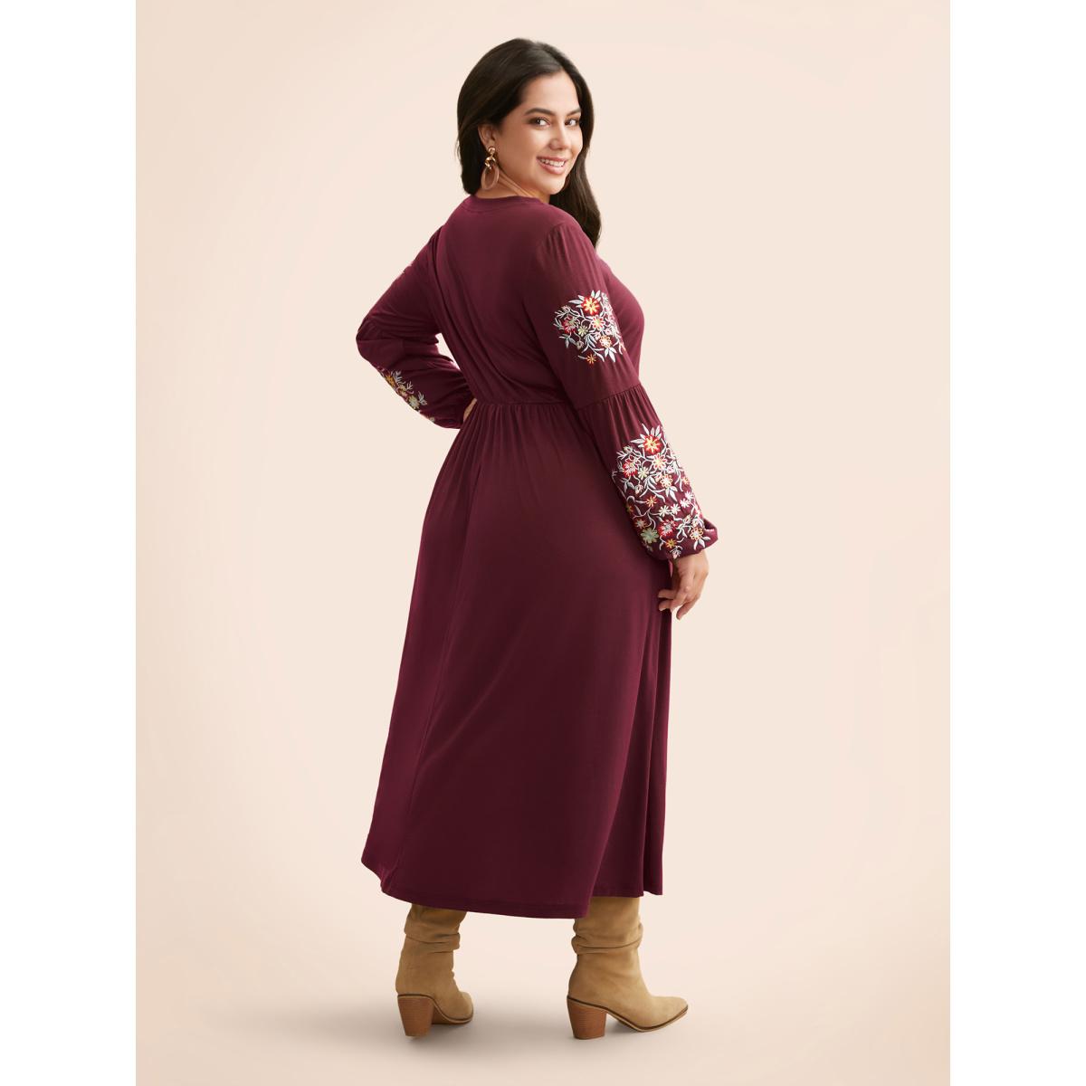 Plus Size Floral Embroidered Elastic Waist Gathered Dress Burgundy Women Casual Embroidered Round Neck Long Sleeve Curvy BloomChic 22-24/3X Product Image