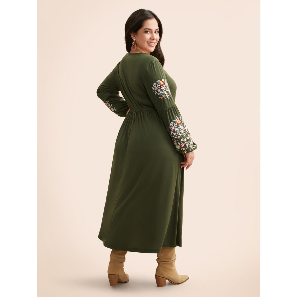 Plus Size Floral Embroidered Elastic Waist Gathered Dress ArmyGreen Women Casual Embroidered Round Neck Long Sleeve Curvy BloomChic 14-16/1X Product Image