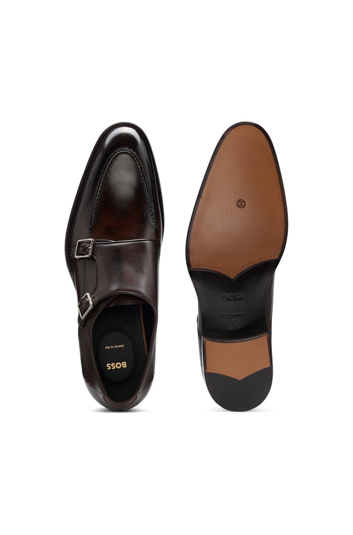 BOSS - Burnished-leather shoes with double monk strap - Dark Brown Product Image