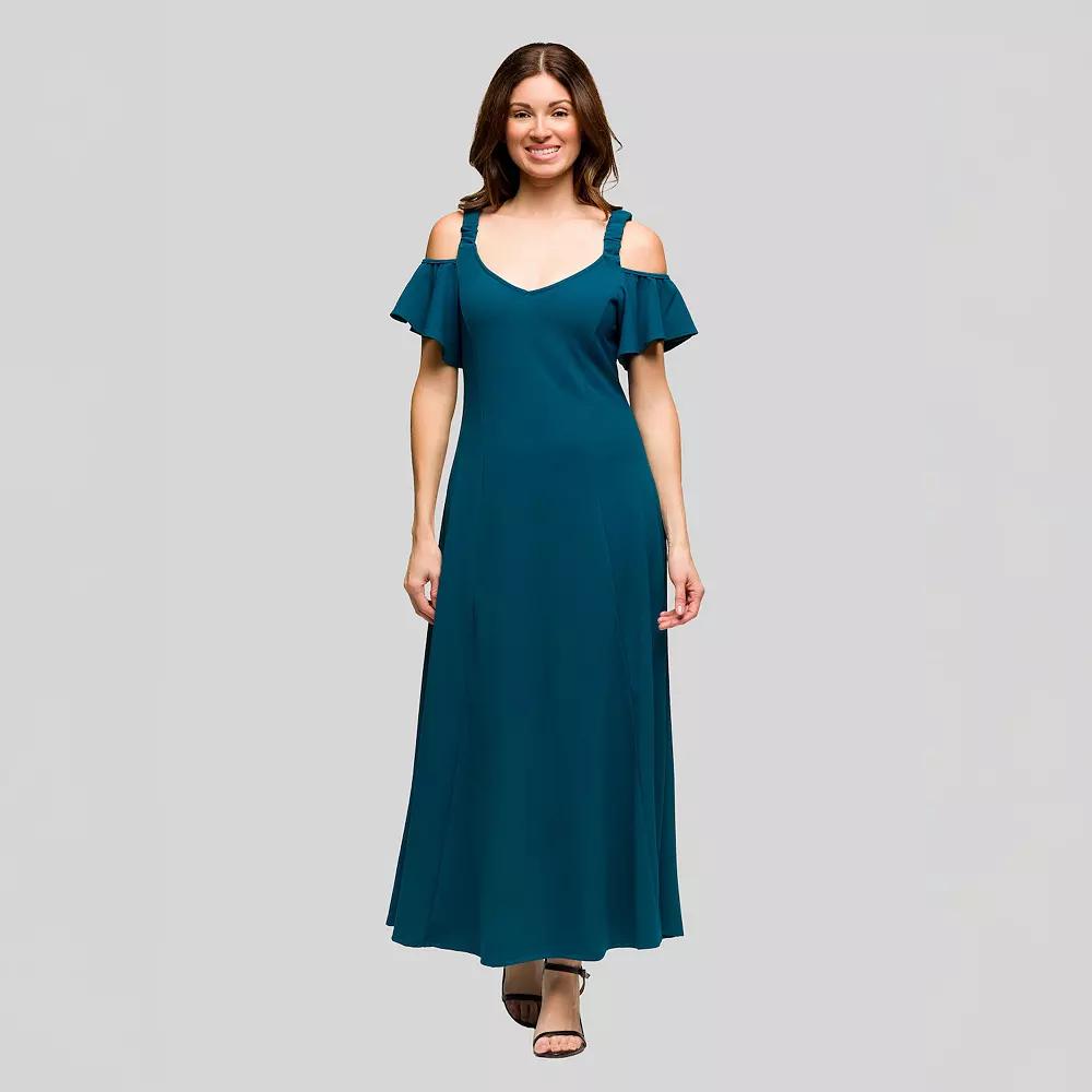 Women's 24Seven Comfort Apparel Cold Shoulder Ruffle Sleeve A-Line Maxi Dress,  Product Image