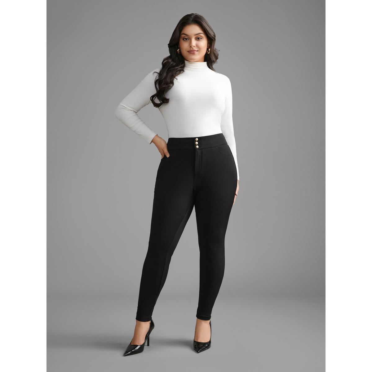 Plus Size Mid Rise Buckle Detail Skinny Pants Women Black Elegant Skinny Mid Rise Everyday Pants BloomChic 14-16/1X Product Image