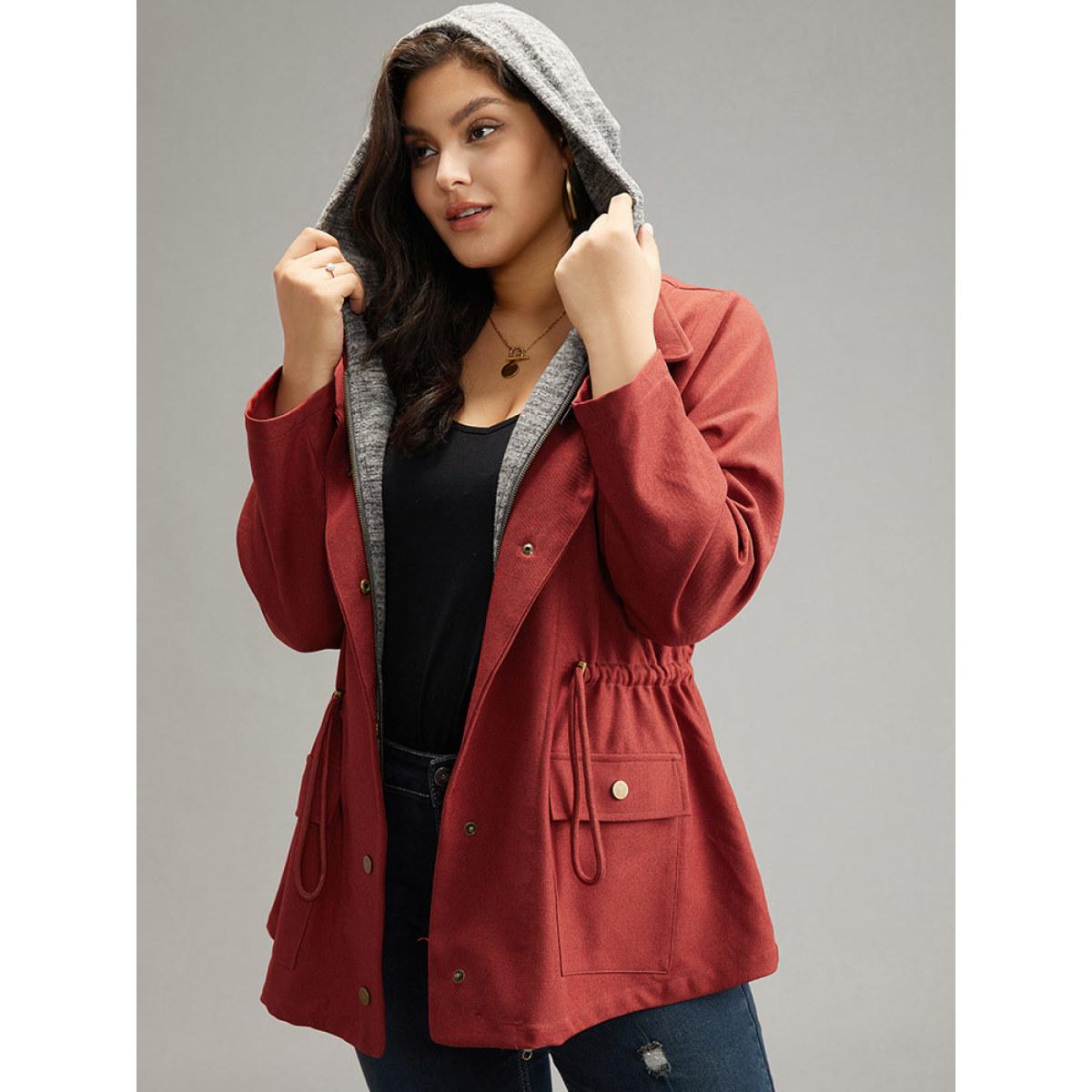 Plus Size Two Tone Hooded Drawstring Zipper Jacket Women Russet Contrast Pocket Everyday Jackets BloomChic 22-24/3X Product Image