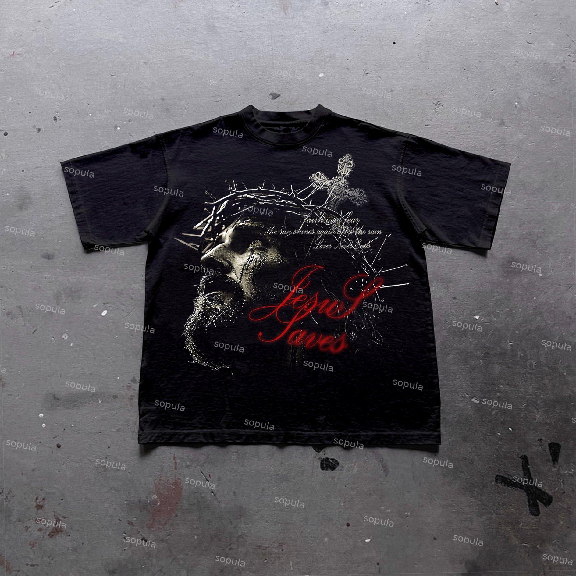 Sopula Retro Jesus Cross Faith Graphic Print Cotton T-Shirt Product Image