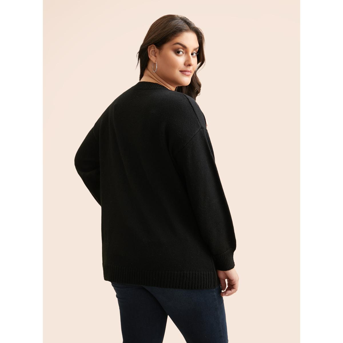 Plus Size Crochet Floral Drop Shoulder Sleeve Pullover Black Women Casual Long Sleeve Round Neck Everyday Pullovers BloomChic 18-20/2X Product Image