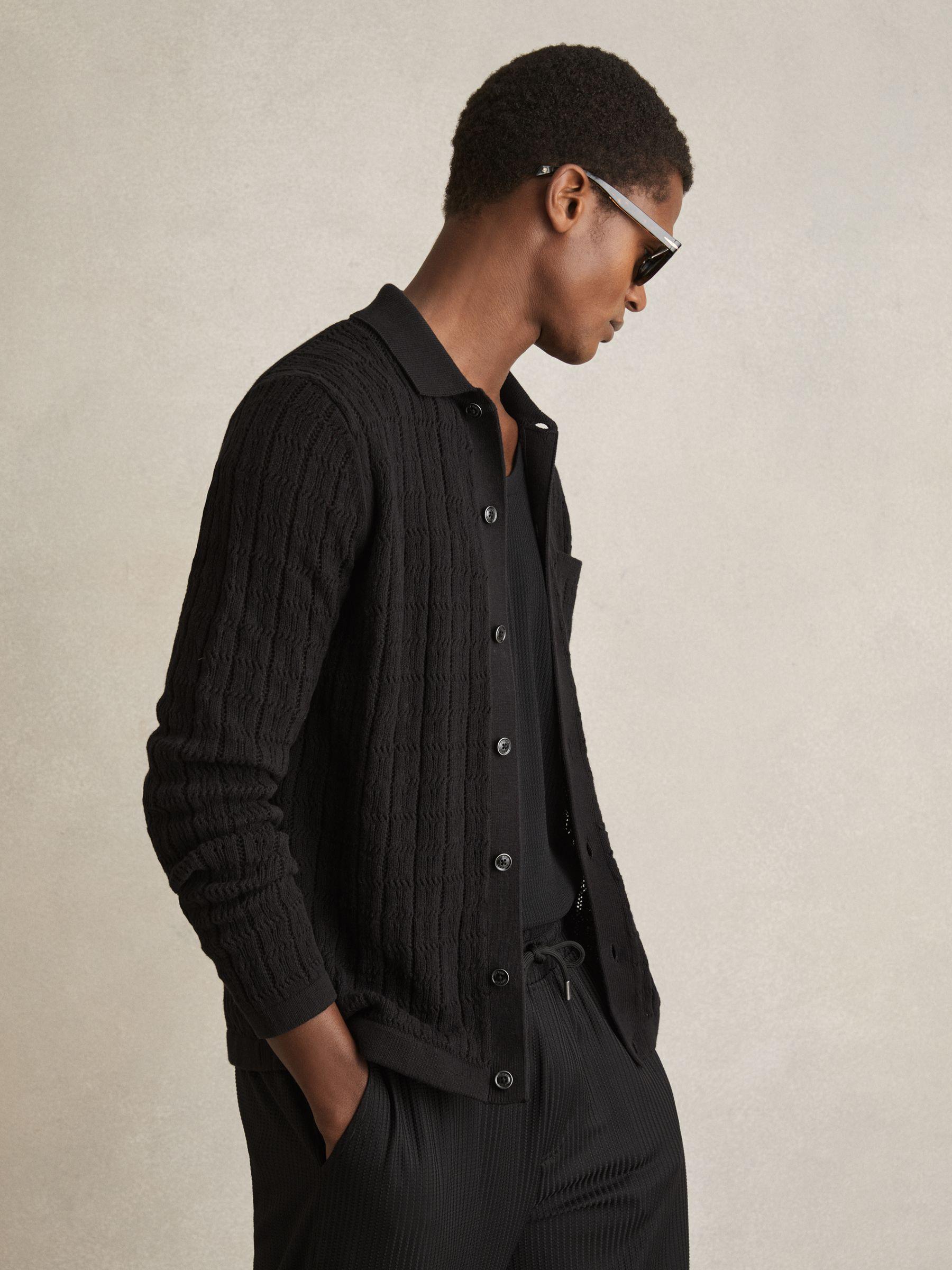 Cotton-Blend Textured Knit Shirt in Black Product Image