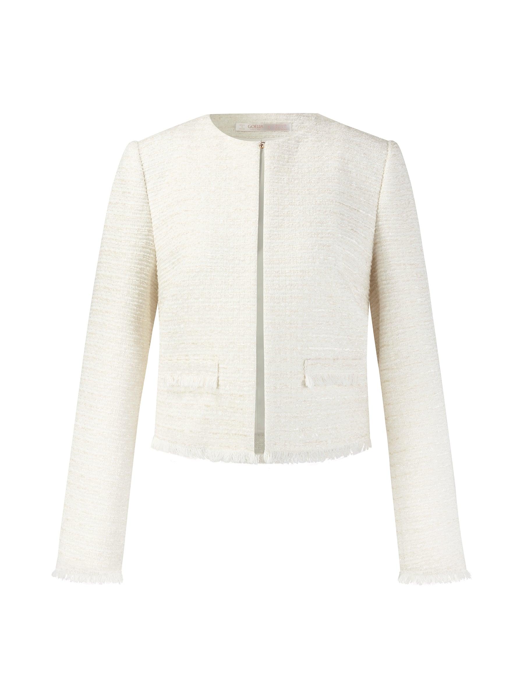Tweed Round Neck Frayed Hem Women Cropped Jacket Product Image