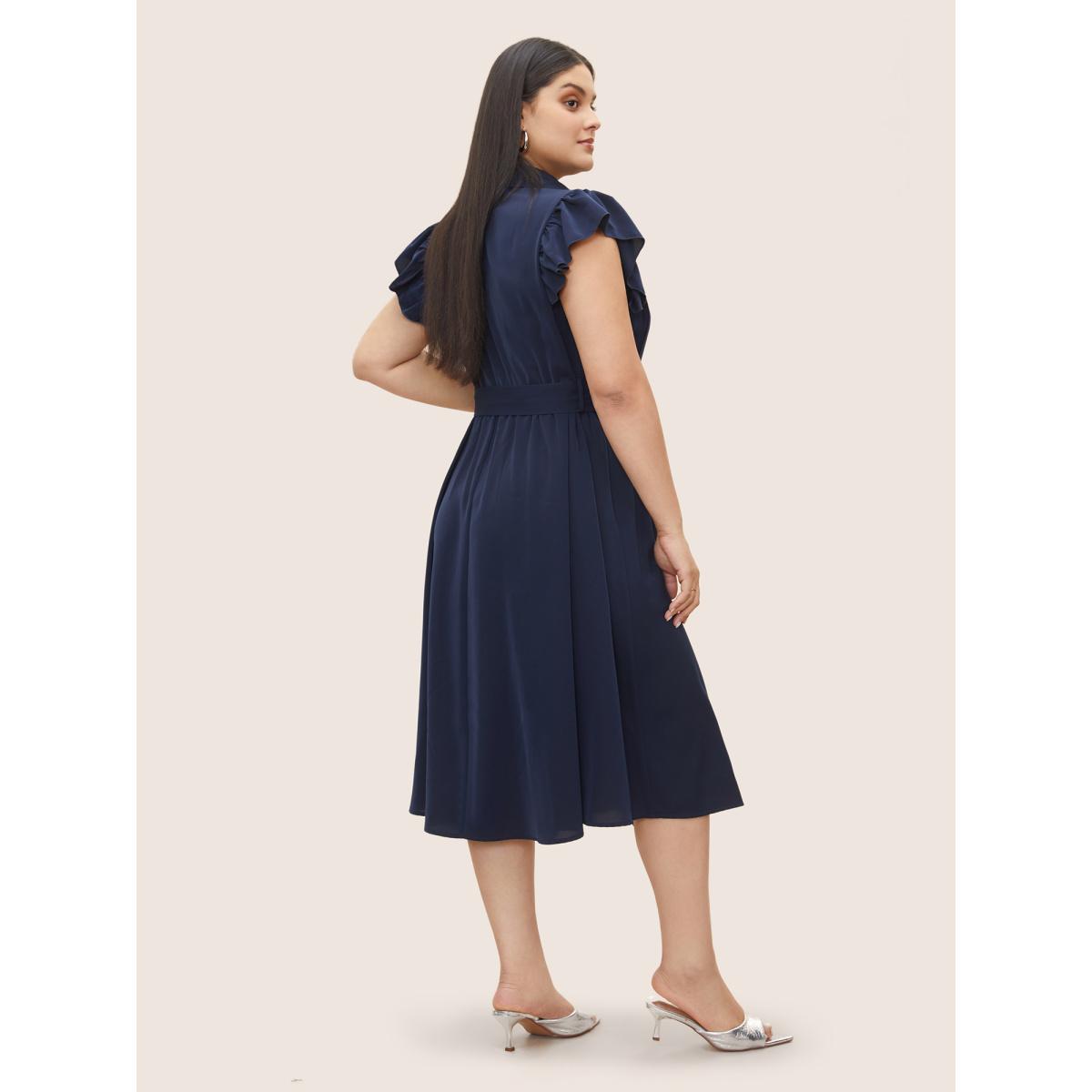 Plus Size Plain Pleated Button Through Cap Sleeve Dress Indigo Women At the Office Gathered Shirt collar Cap Sleeve Curvy Midi Dress BloomChic 10/M Product Image