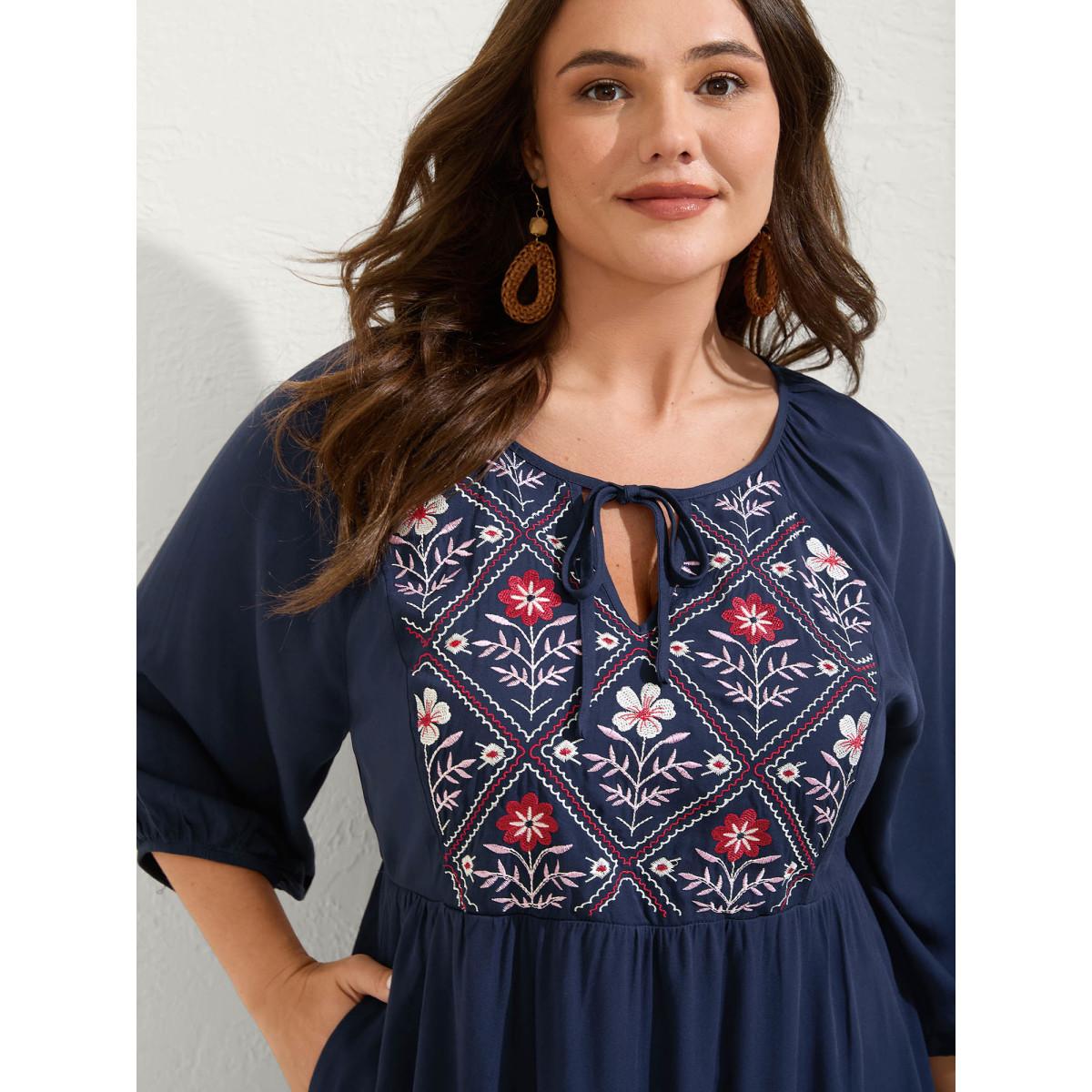 Plus Size Floral Embroidery Pockets Midi Dress DarkBlue Women Boho Notched collar Elbow-length sleeve Curvy BloomChic 14-16/1X Product Image