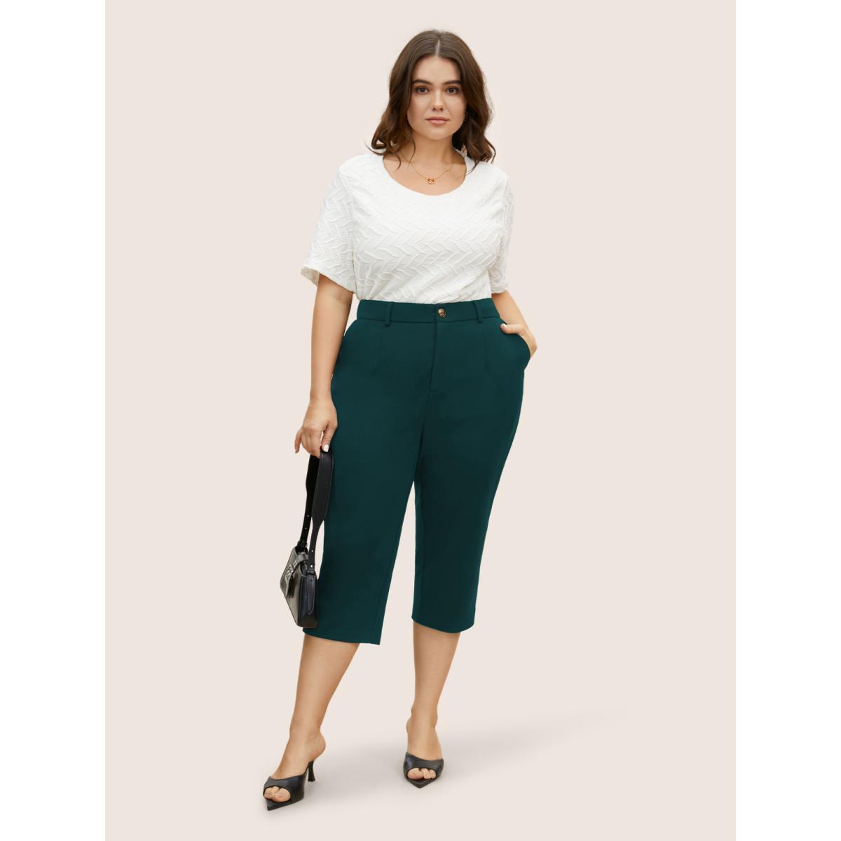 Plus Size High Rise Split Hem Slanted Pocket Slim Pants Women Cyan At the Office Bodycon High Rise Office Pants BloomChic 22-24/3X Product Image