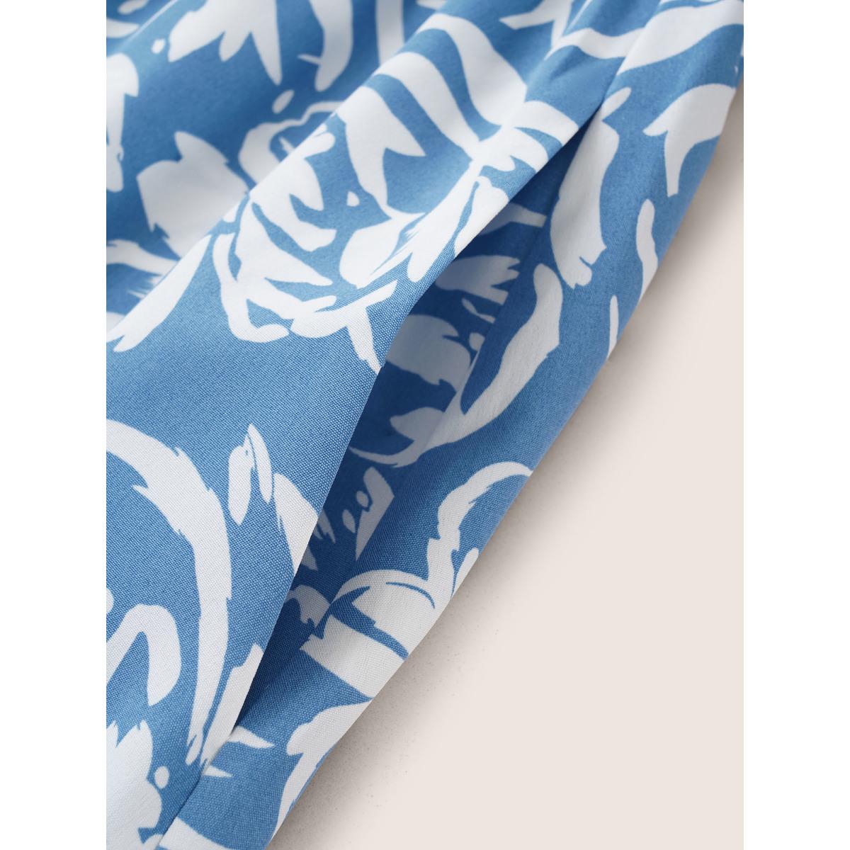 Plus Size Silhouette Floral Print Pocket Wrap Belted Dress LightBlue Women Elegant Non Overlap Collar Short sleeve Curvy Midi Dress BloomChic 18-20/2X Product Image