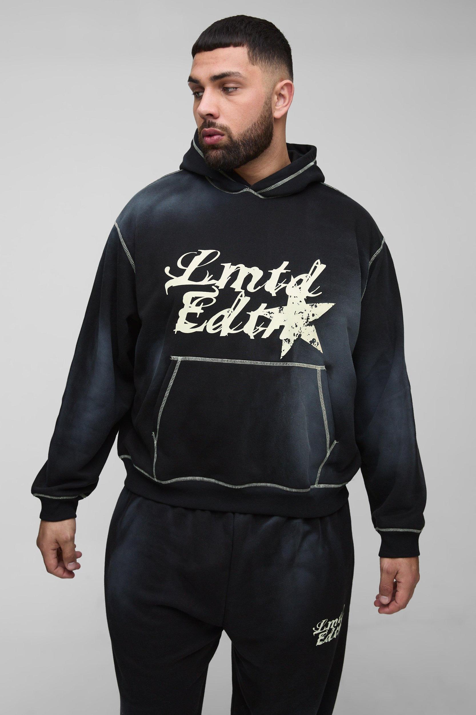 Plus Oversized Contrast Stitch Lmted Spray Wash Hooded Tracksuit | boohooMAN USA Product Image