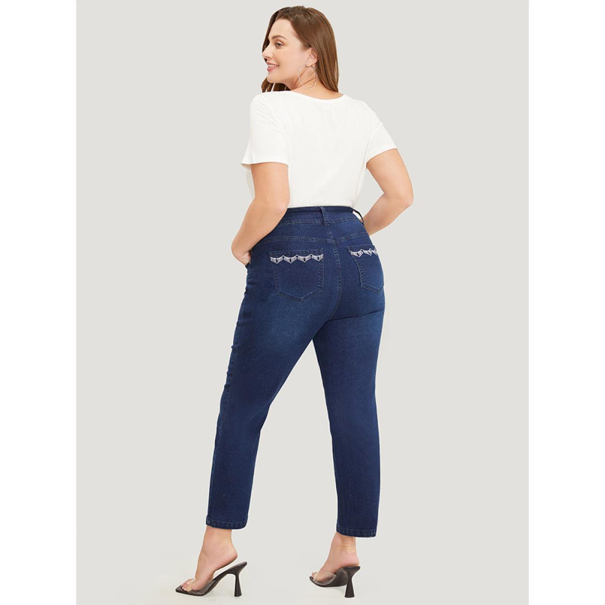 Plus Size Very Stretchy High Rise Dark Wash Embroidery Back Jeans Women DarkBlue Casual Plain Embroidered High stretch Jeans BloomChic 28/5X Product Image
