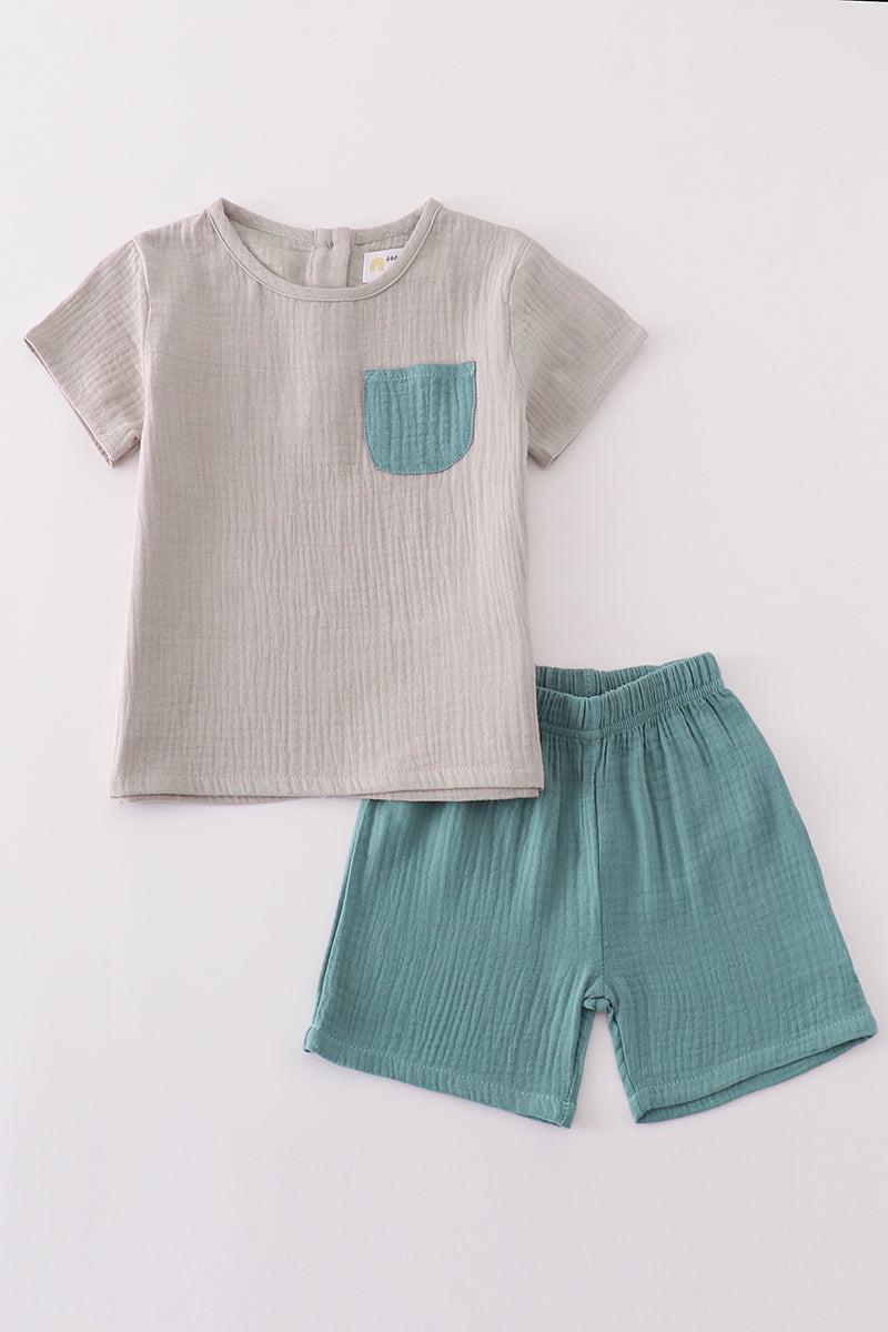 Premium Gray muslin boy shorts set Product Image