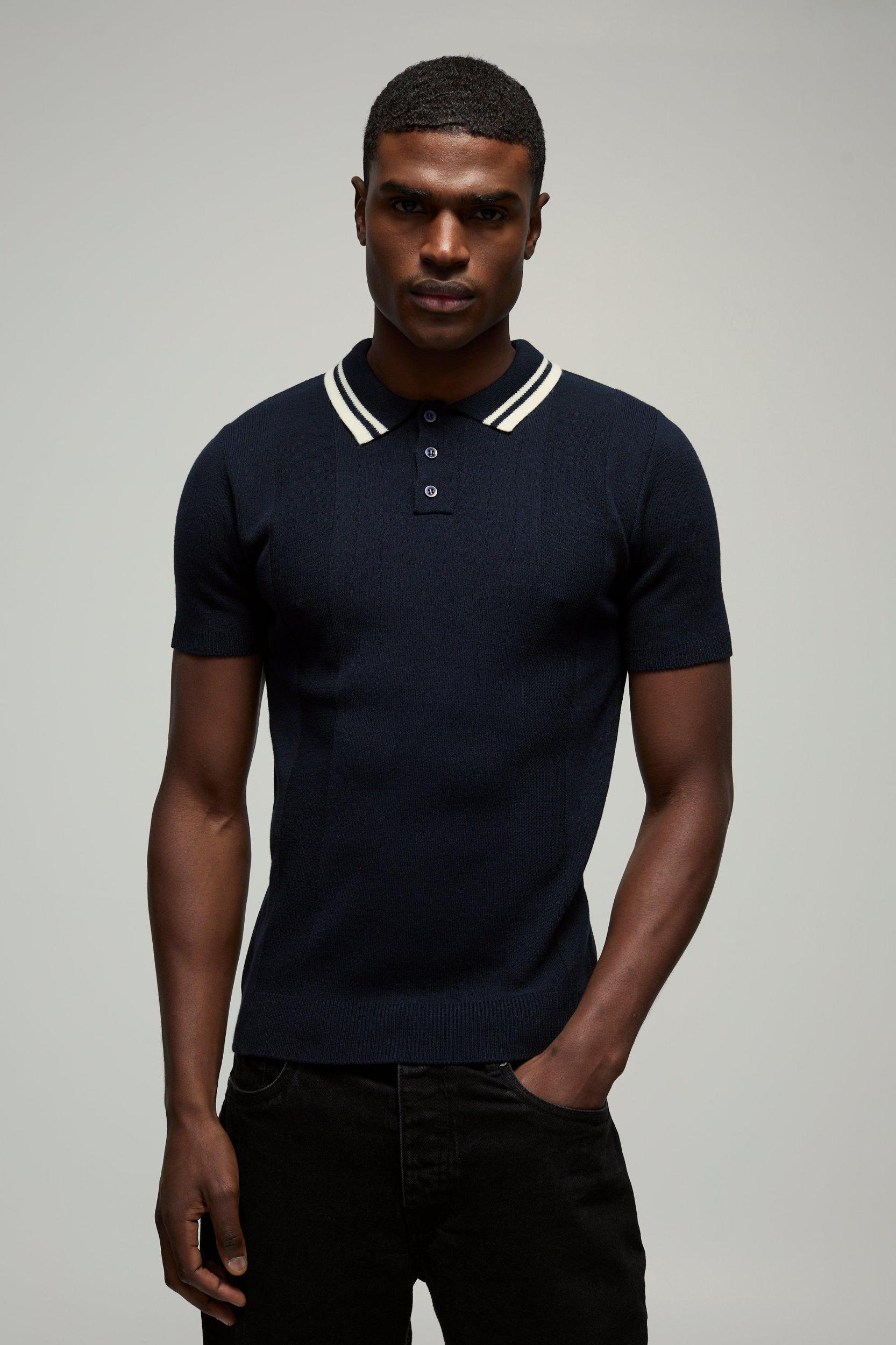 Muscle Fit Textured Tonal Vertical Stripe Button Neck Knitted Polo | boohooMAN USA Product Image