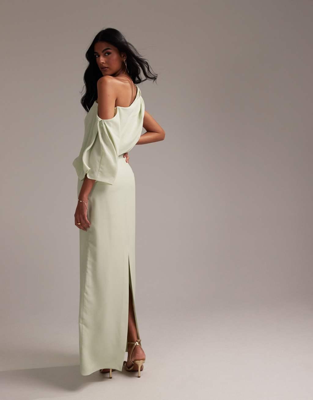 ASOS DESIGN Bridesmaids crepe one shoulder draped maxi dress in light green Product Image