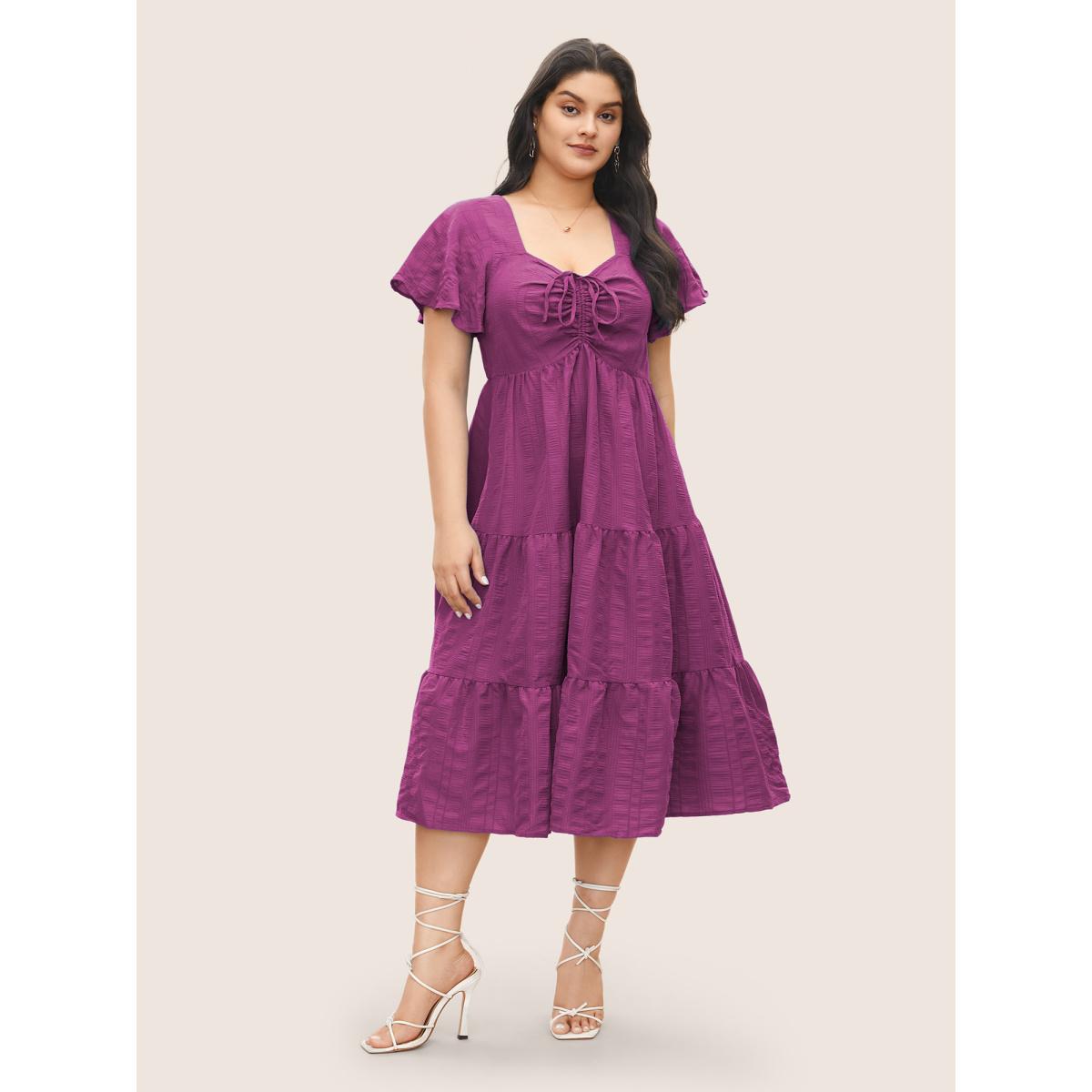 Plus Size Plain Ruched Drawstring Pocket Ruffle Tiered Dress RedViolet Women Elegant Non V-neck Short sleeve Curvy Midi Dress BloomChic 18-20/2X Product Image