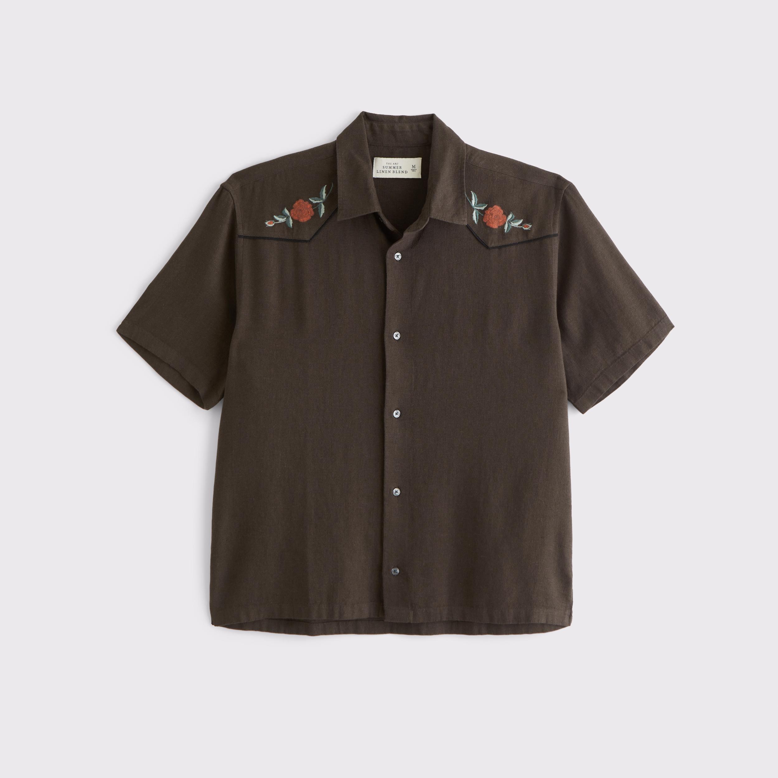 Short-Sleeve Summer Linen-Blend Button-Up Shirt Product Image