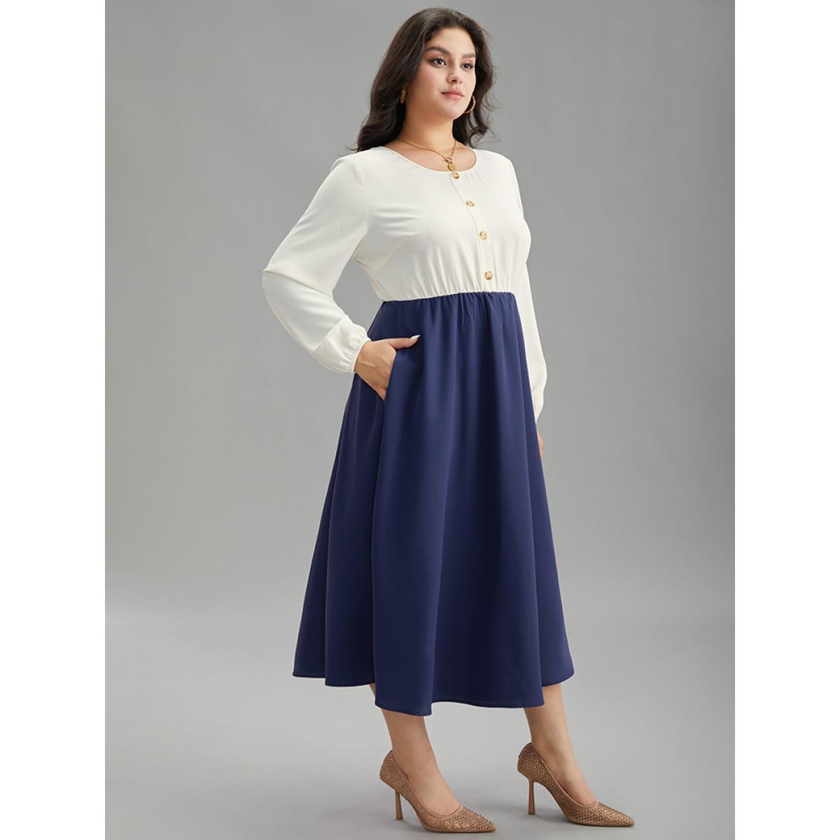 Plus Size Static-Free Contrast Button Detail Pocket Dress DarkBlue Women Elegant Elastic cuffs Round Neck Long Sleeve Curvy Midi Dress BloomChic 10/M Product Image