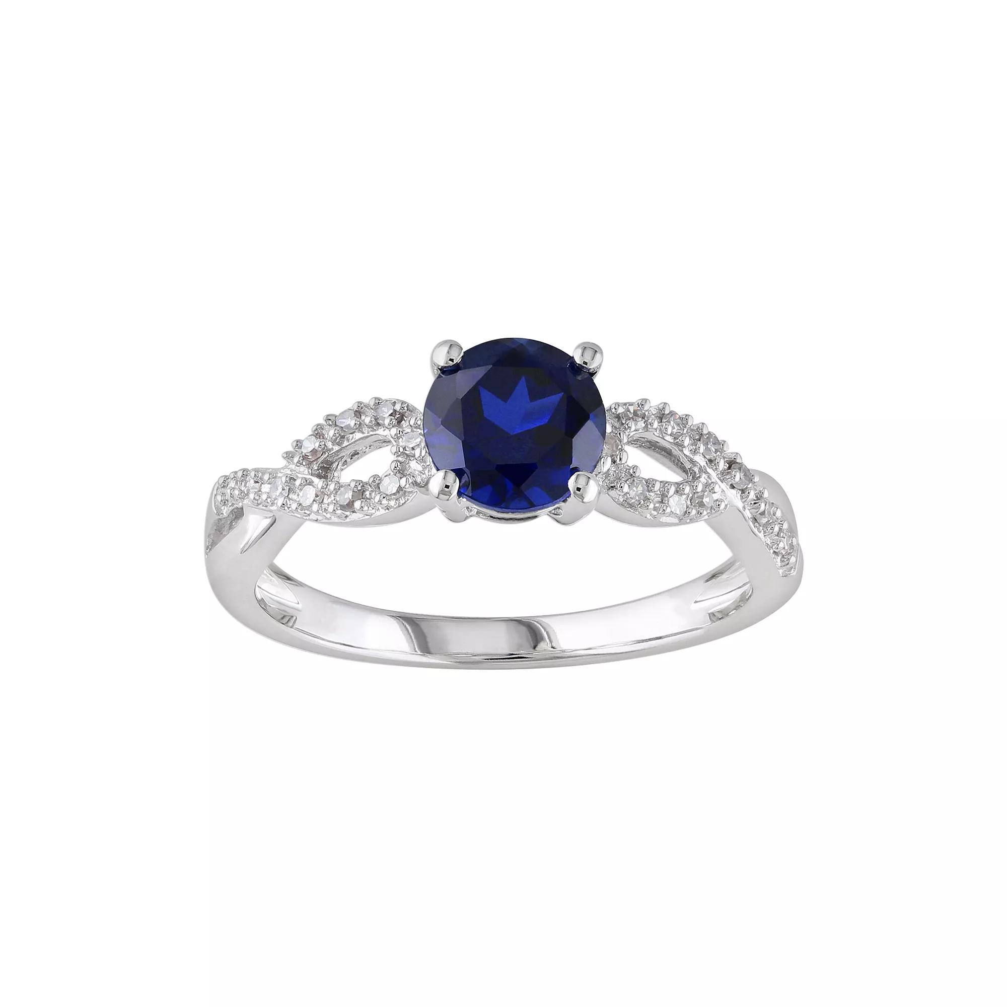 Stella Grace Lab-Created Sapphire and 1/10 Carat T.W. Diamond Engagement Ring in 10k White Gold, Women's, Size: 8, Blue Product Image