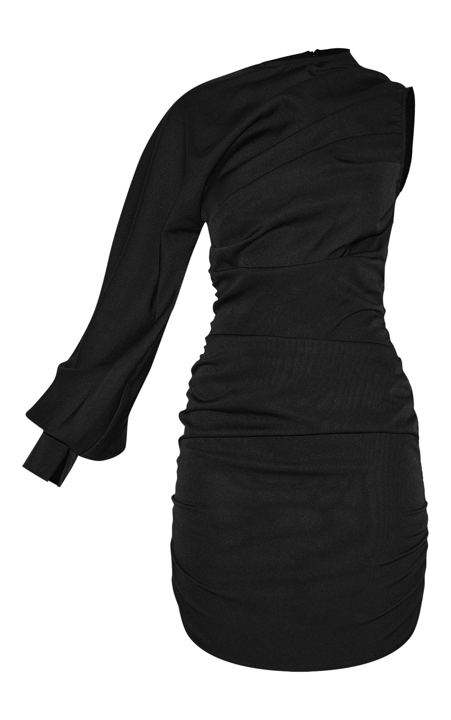 Black One Sleeve Ruched Woven Bodycon Dress Product Image