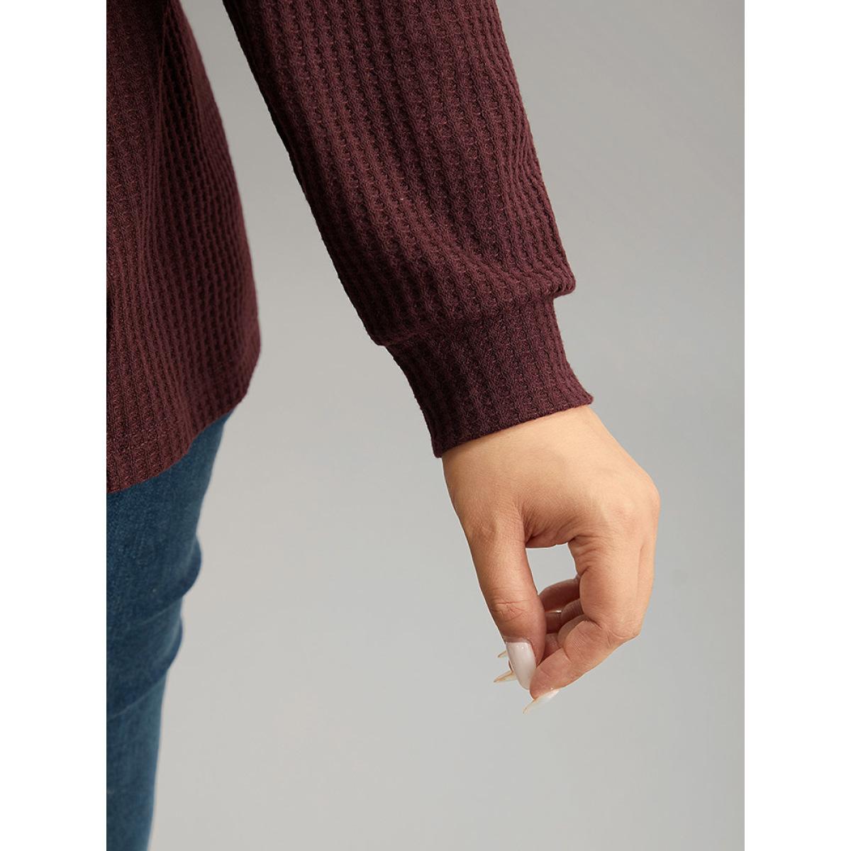 Plus Size Cold Shoulder Patchwork Contrast Waffle Knit T-shirt Burgundy Women Casual Waffle Knit Plain Cold Shoulder Dailywear T-shirts BloomChic 10/M Product Image