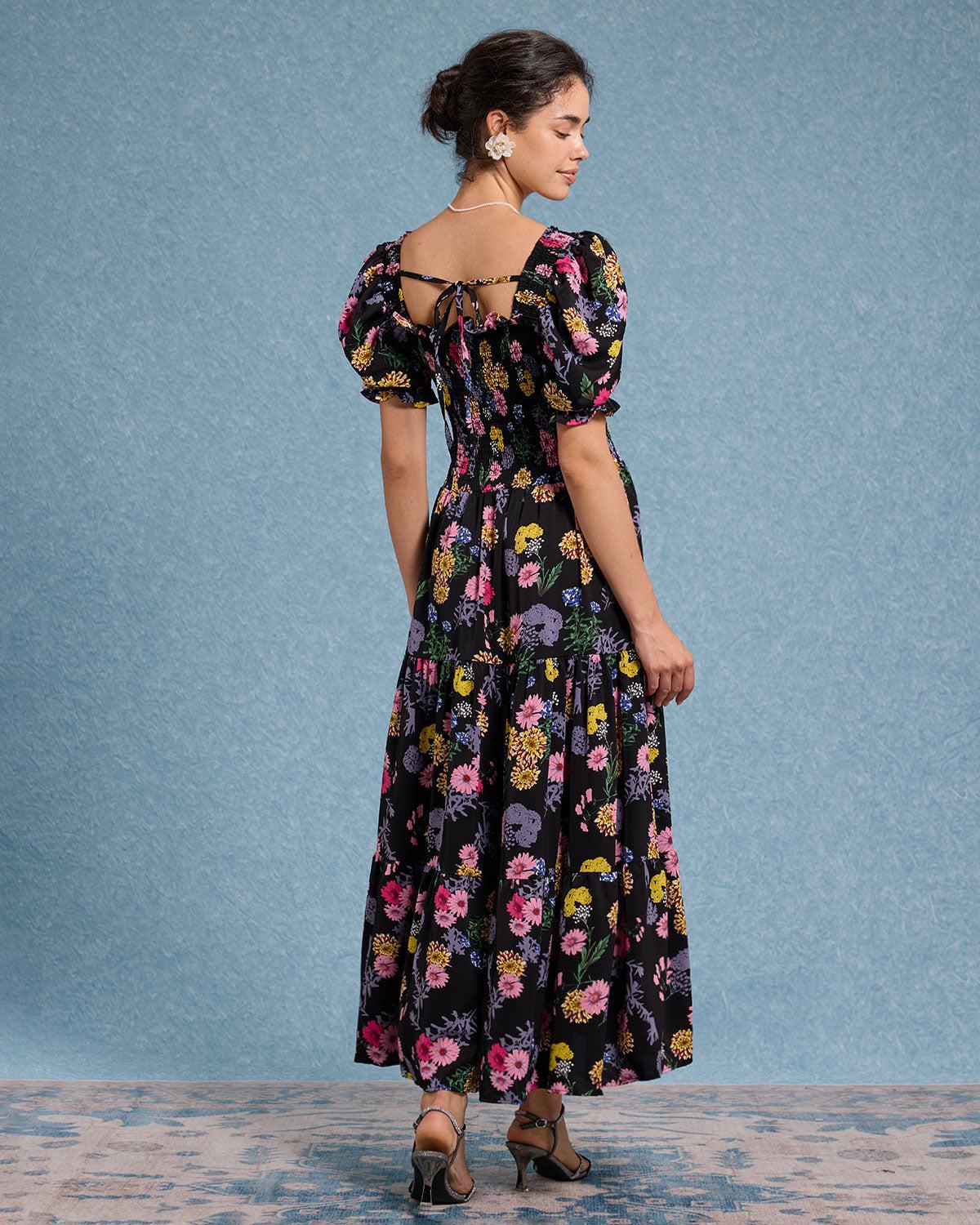 Black Floral Square Neck Shirred Maxi Dress Product Image