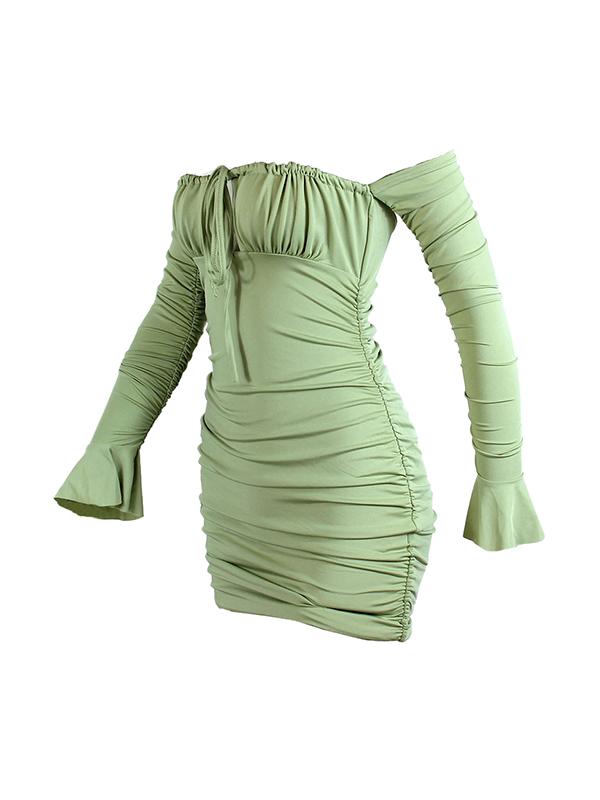 Solid Off Shoulder Ruched Trumpet Sleeve Mini Dress Product Image