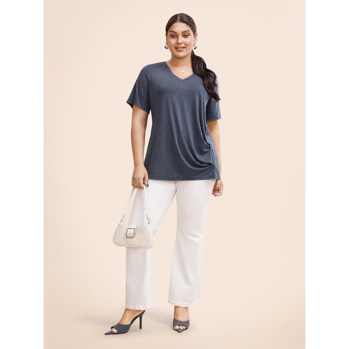 Plus Size Heather Plicated Detail V Neck Button Detail T-shirt Blue Women Casual Plain Plain V-neck Dailywear T-shirts BloomChic 10/M Product Image