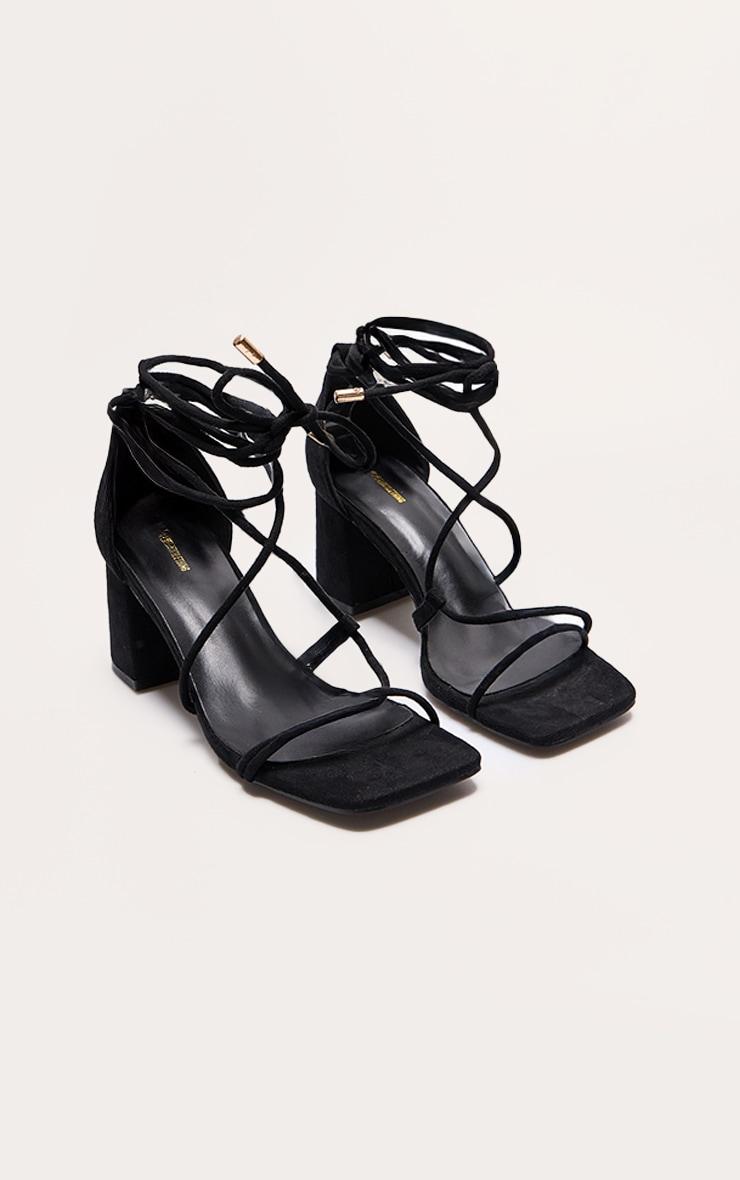 Black Faux Suede Square Toe Lace Up Block Heel Sandals Product Image