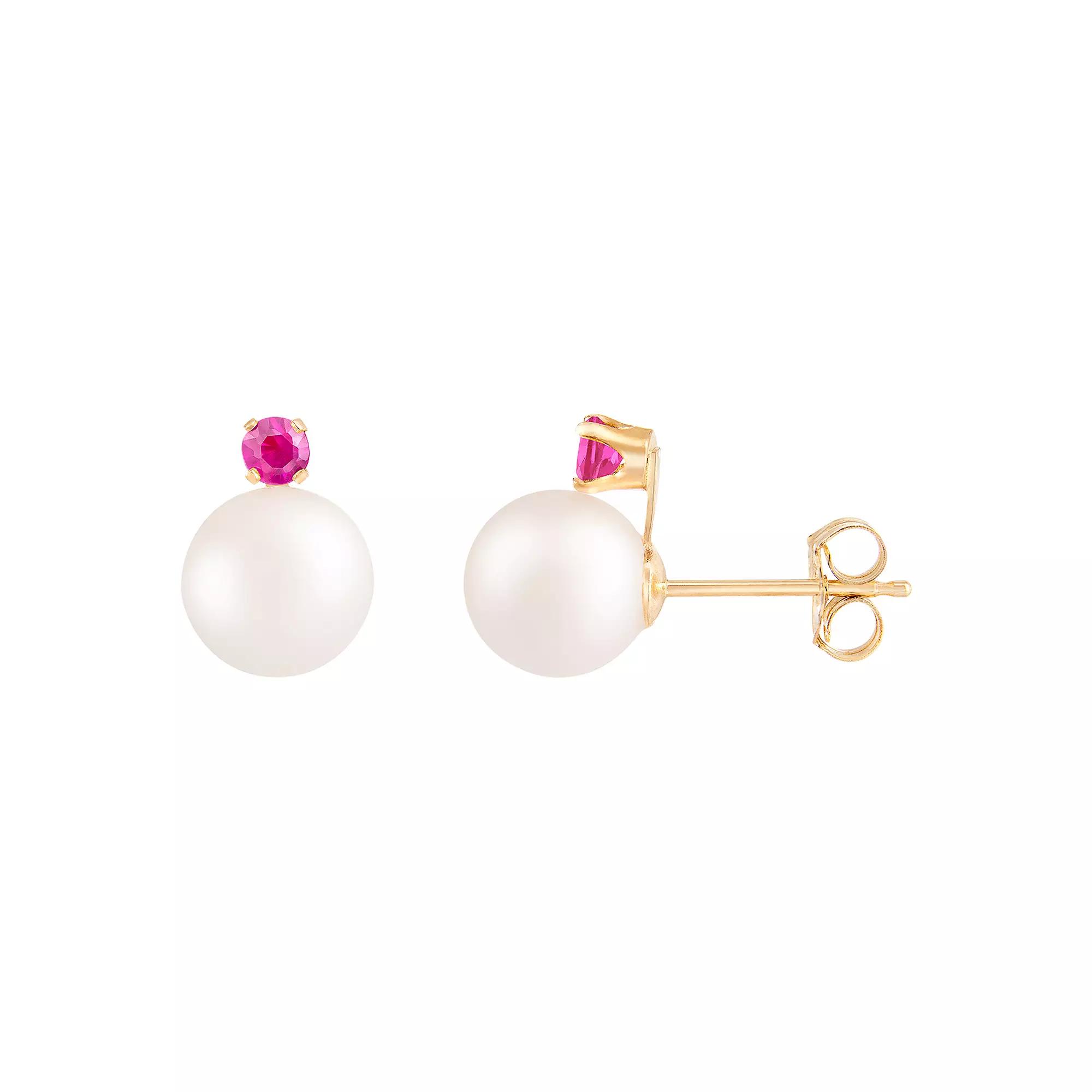 Splendid Pearls 14k Gold Ruby Freshwater Cultured Pearl Earrings, Womens, Yellow Product Image