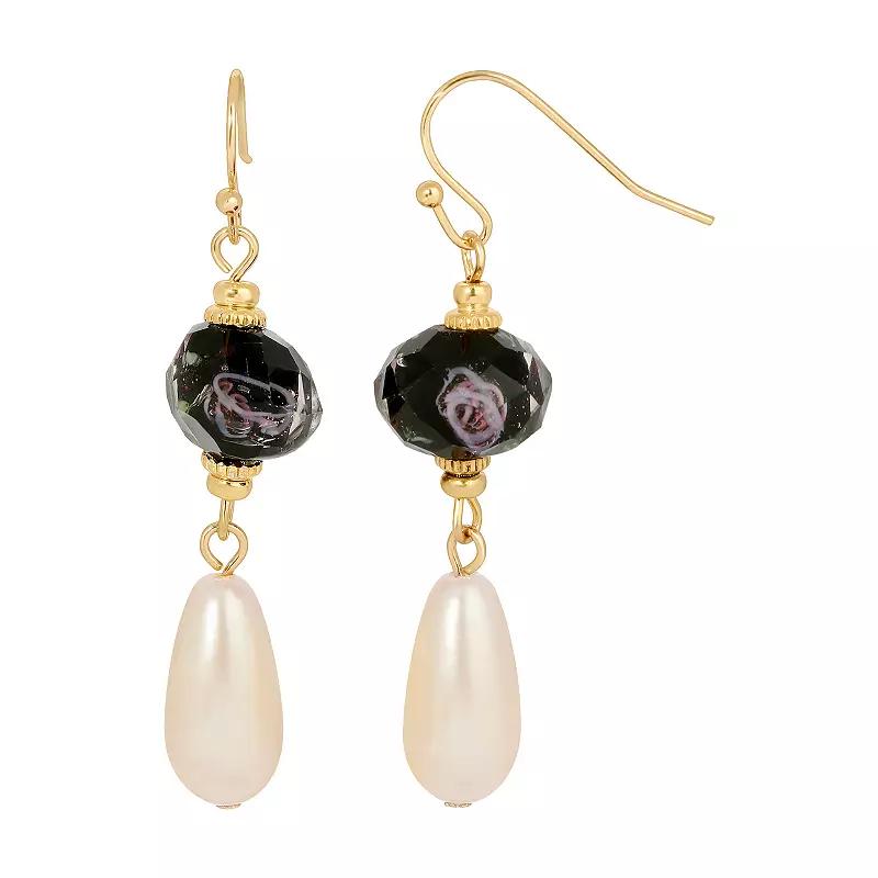 1928 Gold Tone Simulated Crystal and Pearl Drop Earrings, Women's, Black Product Image